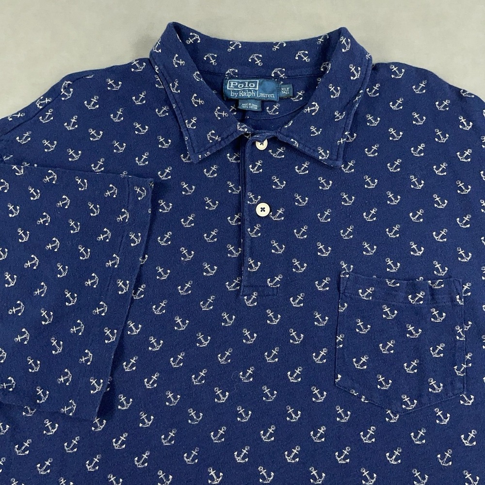 Polo Ralph Lauren Anchor Print Polo Shirt Mens Size XLT Navy Blue 100% Cotton